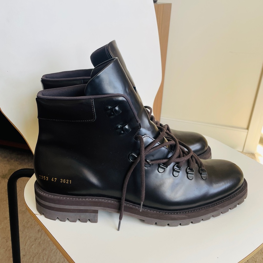 Black leather Common Project combat boots. Men’s Size 47